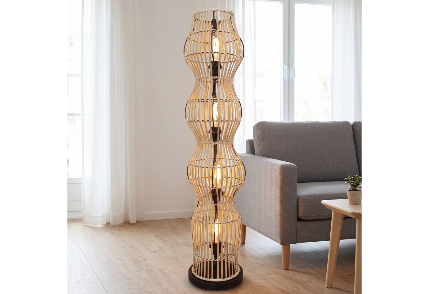 Licht-Erlebnisse Stehlampe ARSTAL, ohne Leuchtmittel, Bambus hell Schwarz Metall E27 110 cm klein Boho Wohnzimmer Modern – Bild 2 von 5