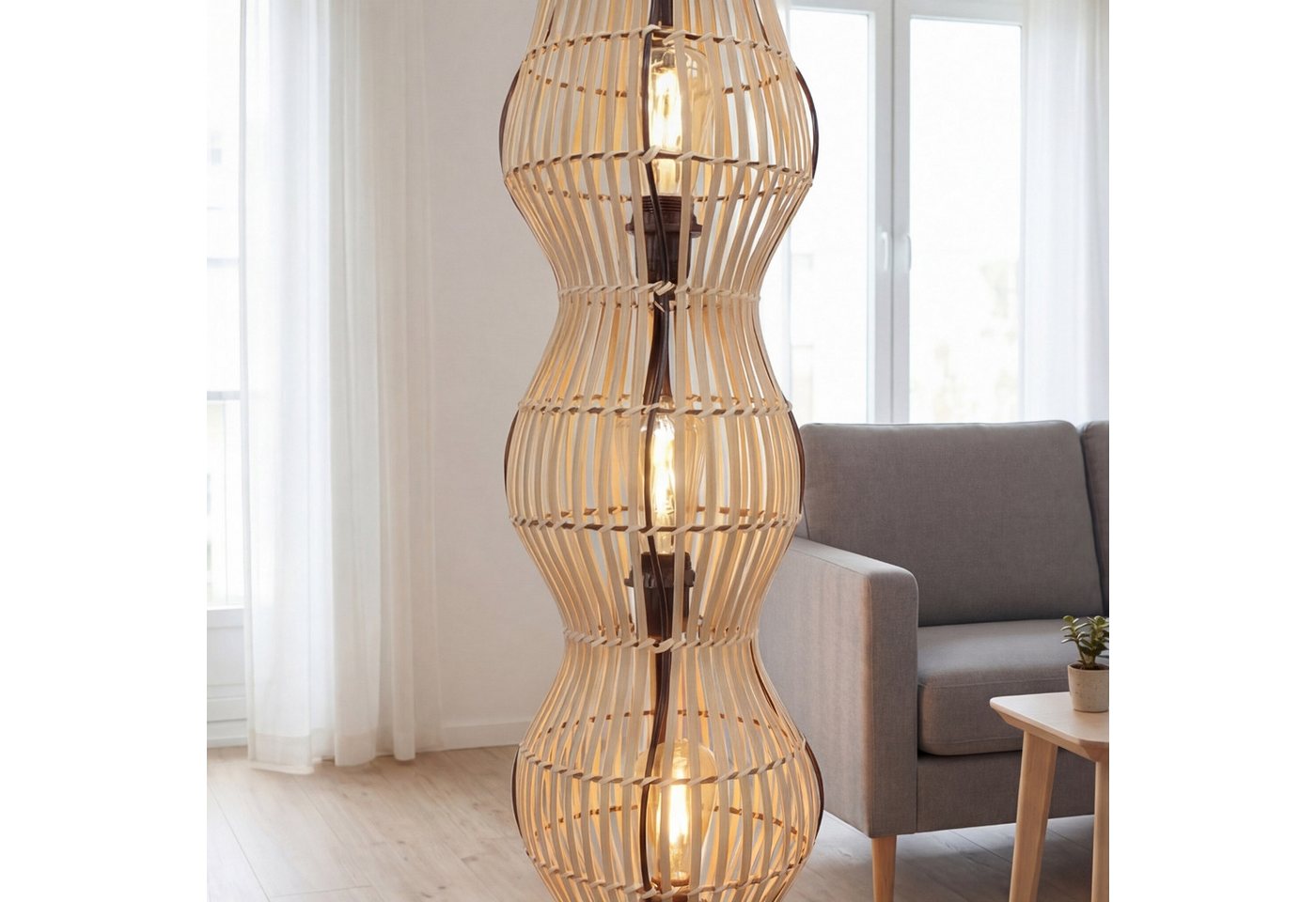 Licht-Erlebnisse Stehlampe ARSTAL, ohne Leuchtmittel, Bambus hell Schwarz Metall E27 110 cm klein Boho Wohnzimmer Modern – Bild 3 von 5