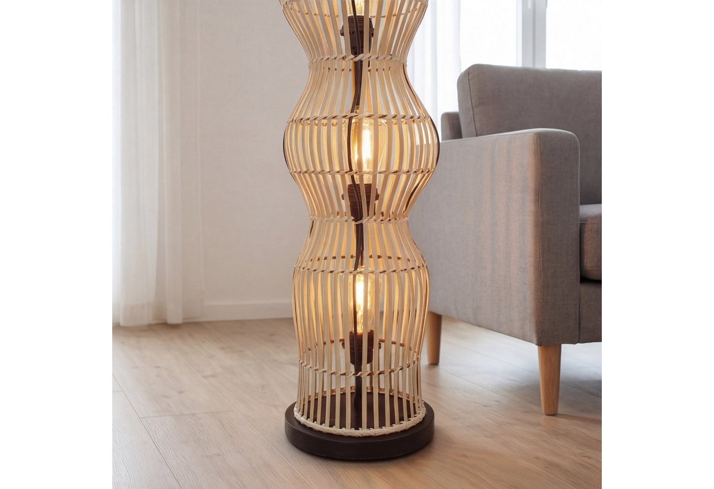 Licht-Erlebnisse Stehlampe ARSTAL, ohne Leuchtmittel, Bambus hell Schwarz Metall E27 110 cm klein Boho Wohnzimmer Modern – Bild 5 von 5