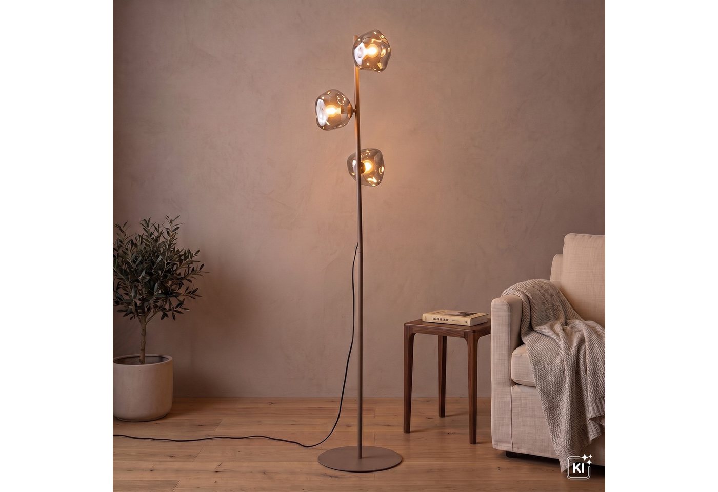 Licht-Erlebnisse Stehlampe UMERA, ohne Leuchtmittel, Metall Rauchglas G9 151 cm Beige Cognac 3-flammig Modern – Bild 2 von 5