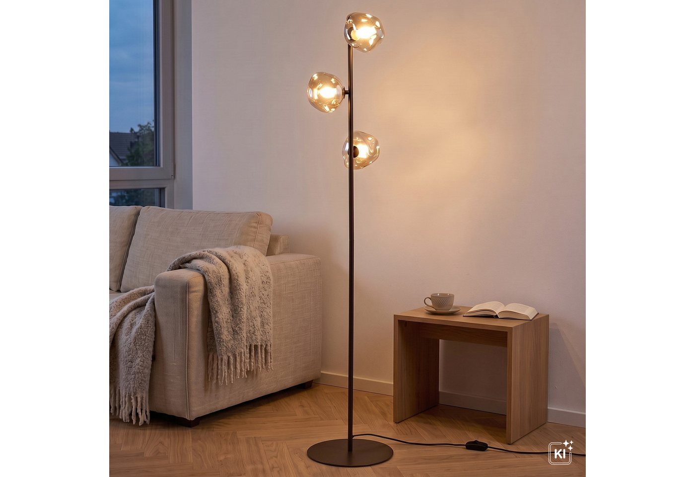 Licht-Erlebnisse Stehlampe UMERA, ohne Leuchtmittel, Rauchglas Metall 151 cm hoch Braun Cognac G9 3-flammig Modern – Bild 2 von 5