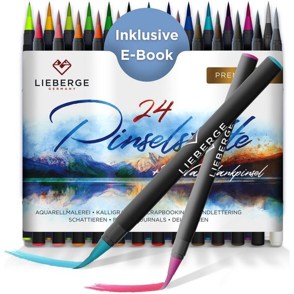 LIEBERGE Pinselstift Premium Set 24 Aquarellfarben + 2 Wassertankpinsel, (Set, 26-tlg., 24 Brush Pens, flexible Pinselspitze, intensive Farben), flexible Pinsel