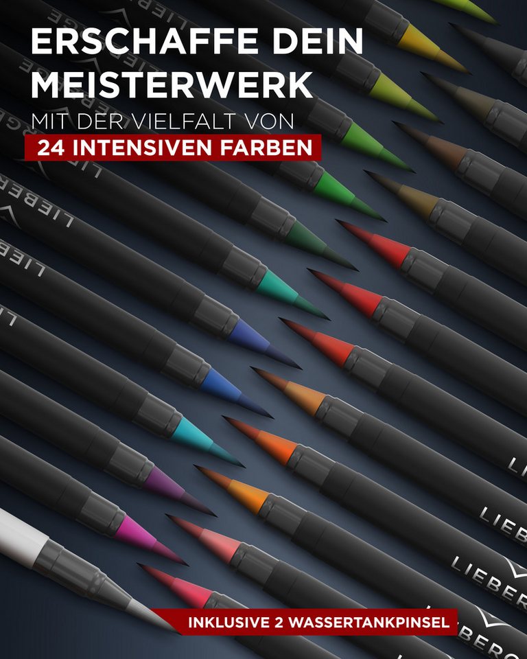 LIEBERGE Pinselstift Premium Set 24 Aquarellfarben + 2 Wassertankpinsel, (Set, 26-tlg., 24 Brush Pens, flexible Pinselspitze, intensive Farben), flexible Pinsel – Bild 3 von 5