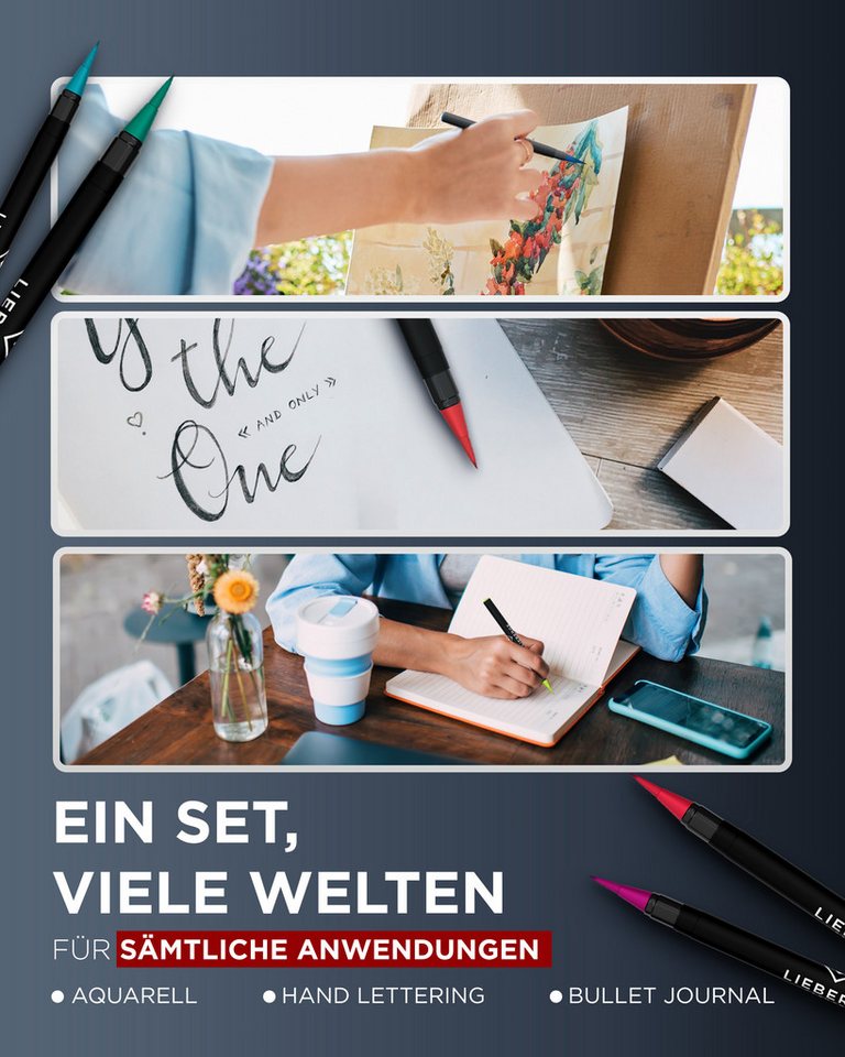 LIEBERGE Pinselstift Premium Set 24 Aquarellfarben + 2 Wassertankpinsel, (Set, 26-tlg., 24 Brush Pens, flexible Pinselspitze, intensive Farben), flexible Pinsel – Bild 4 von 5