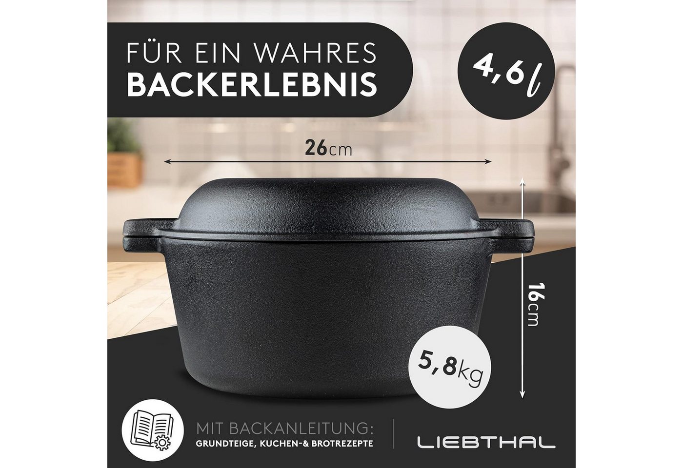 Liebthal Brotbackform aus Gusseisen - mit Deckel, eingebrannt, Silikoneinlage, 4,6 L, Silikongriffe, für alle Herdarten – Bild 2 von 5