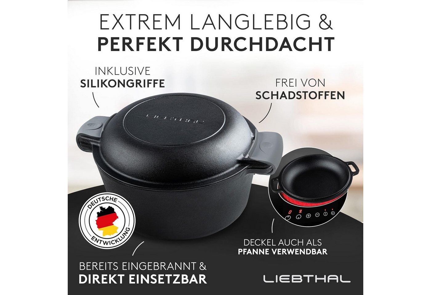 Liebthal Brotbackform aus Gusseisen - mit Deckel, eingebrannt, Silikoneinlage, 4,6 L, Silikongriffe, für alle Herdarten – Bild 4 von 5