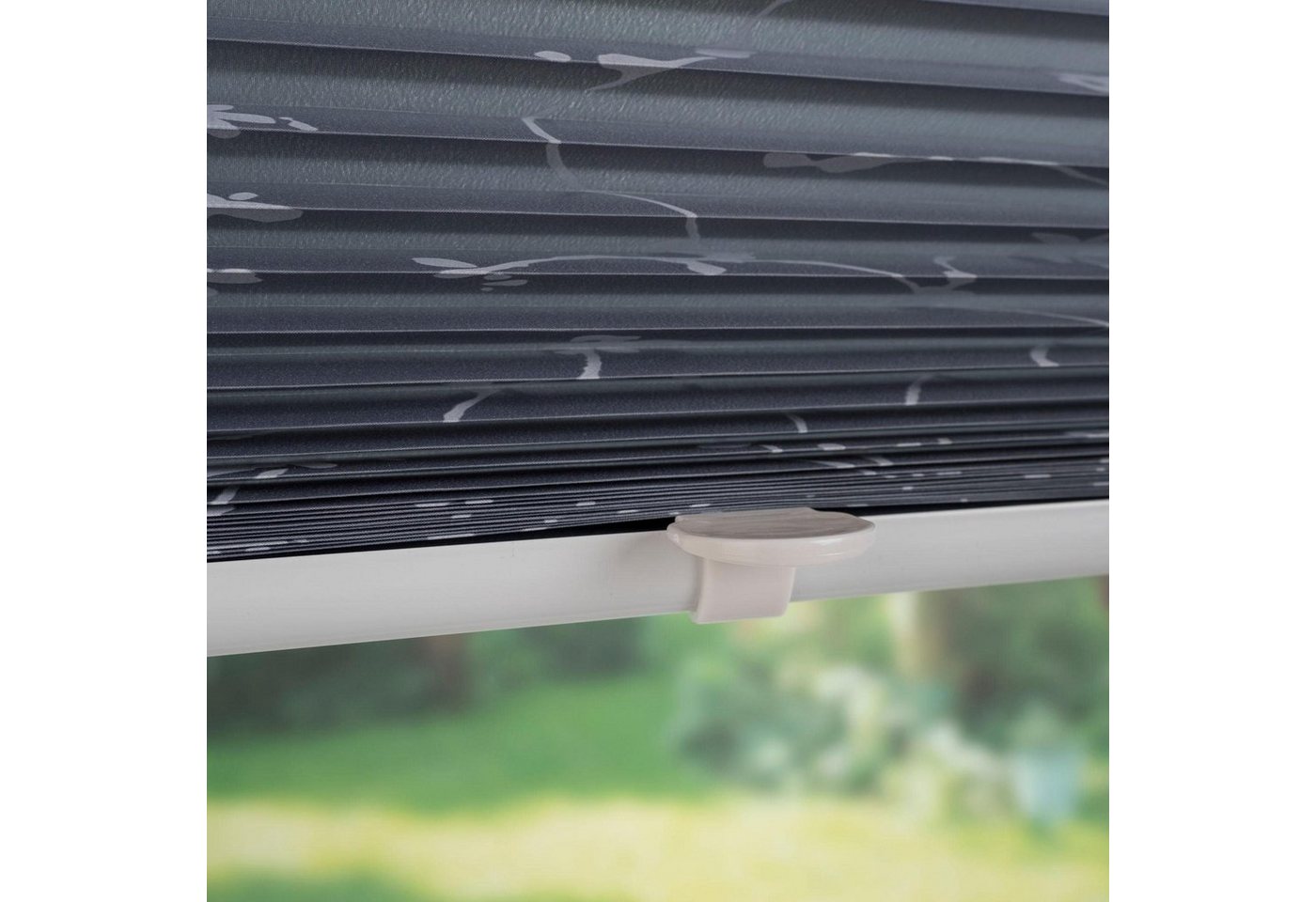 Liedeco Plissee Klemmfix-Plissee Ranke grau, Lichtschutz, ohne Bohren, verspannt, Klemmfix, Klemmfix-Plisse mit floralem Druck – Bild 3 von 5