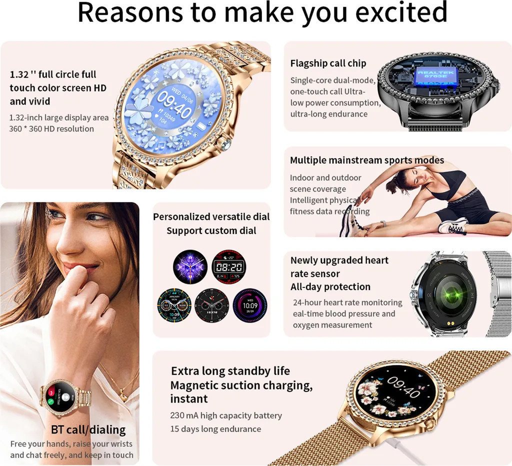 Lige Smartwatch Damen mit Metallband, 1.32 Zoll Fitnessuhr Telefonfunktion Smartwatch, Herzfrequenz Schlafmonitor, IP67 Wasserdicht Schrittzähler – Bild 2 von 4