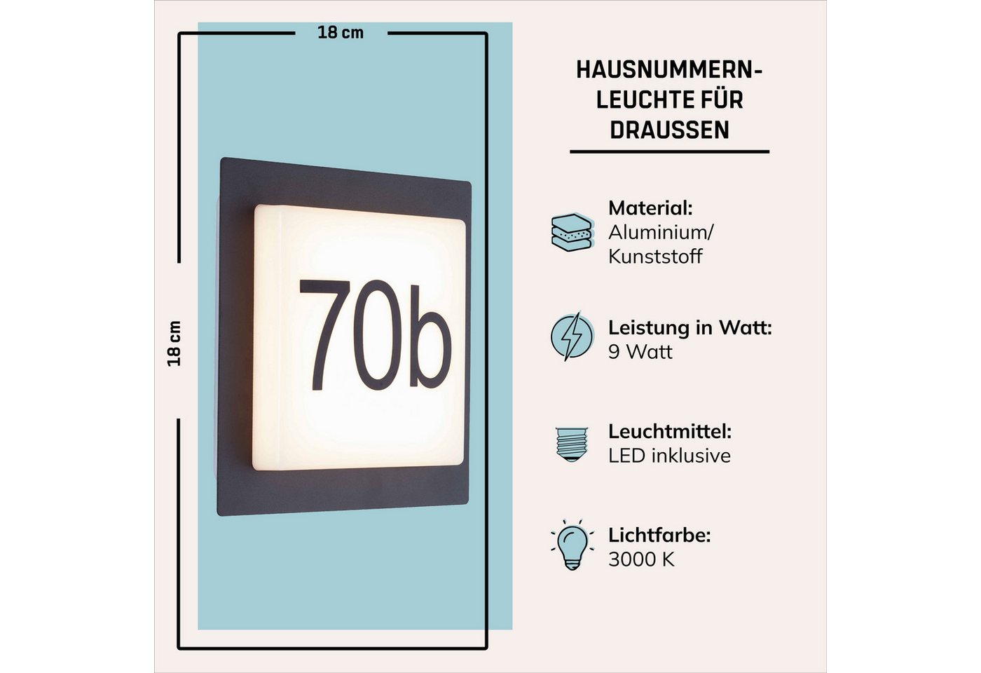 Lightbox Außen-Wandleuchte, LED fest integriert, Warmweiß, LED Außenwandlampe, inkl. Hausnummer, 18 x 18 x5 cm, 9 W, 1100 lm – Bild 3 von 5