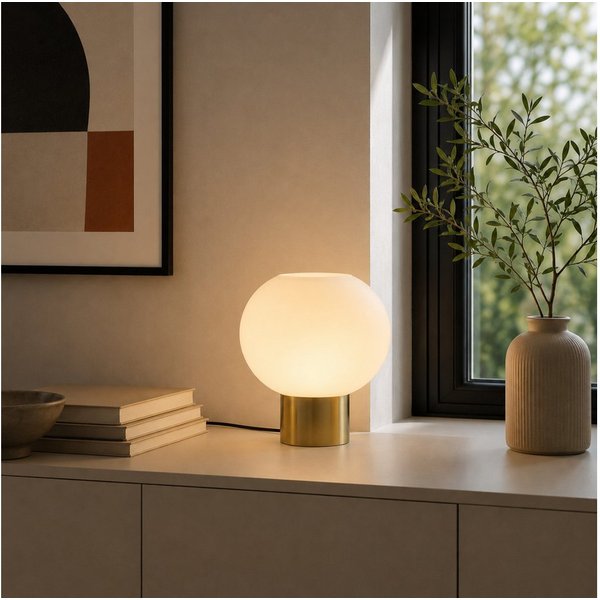 Lightbox Tischleuchte, ohne Leuchtmittel, Ø22 cm, Höhe 21 cm, E27 Fassung, Glas/Metall, weiß/messing gebürstet