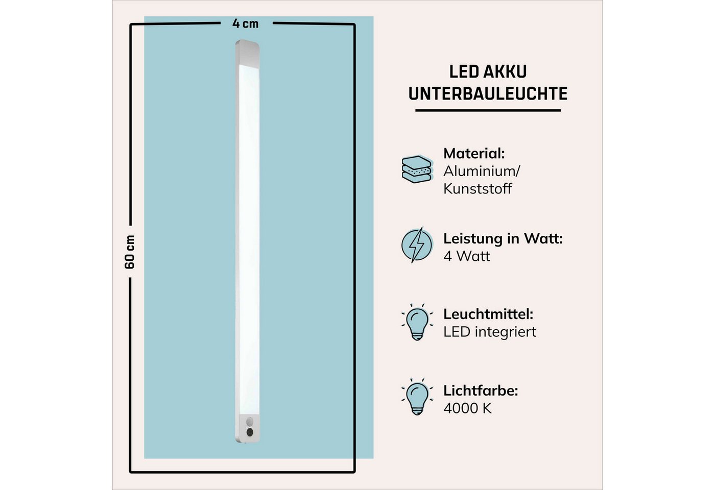 Lightbox Unterschrankleuchte, Bewegungsmelder, LED fest integriert, Neutralweiß, LED-Unterbauleuchte mit Akku, Bewegungsmelder, 60 cm, 550 lm, 4000 K – Bild 3 von 5