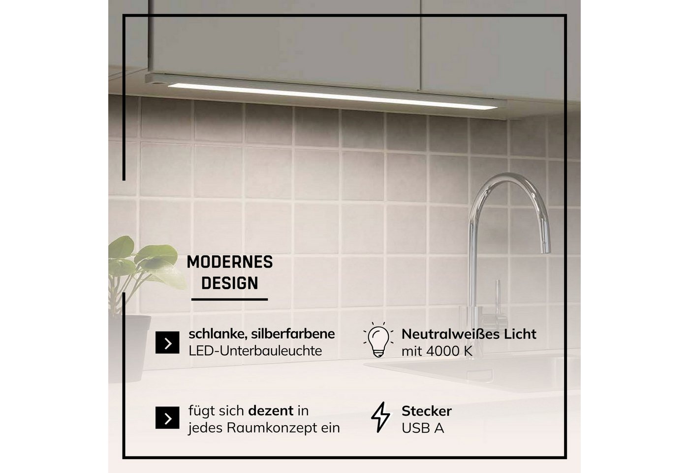 Lightbox Unterschrankleuchte, Bewegungsmelder, LED fest integriert, Neutralweiß, LED-Unterbauleuchte mit Akku, Bewegungsmelder, 60 cm, 550 lm, 4000 K – Bild 4 von 5