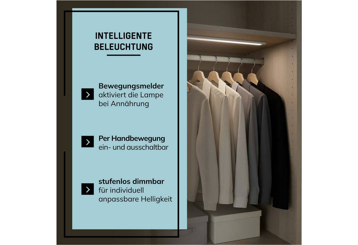 Lightbox Unterschrankleuchte, Bewegungsmelder, LED fest integriert, Neutralweiß, LED-Unterbauleuchte mit Akku, Bewegungsmelder, 60 cm, 550 lm, 4000 K – Bild 5 von 5