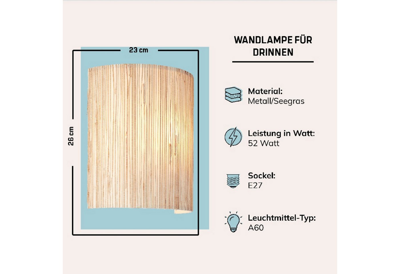 Lightbox Wandleuchte, ohne Leuchtmittel, Wandspot mit Seegras Schirm, 26 x 23 cm, dimmbar, E27 max. 52W – Bild 3 von 5
