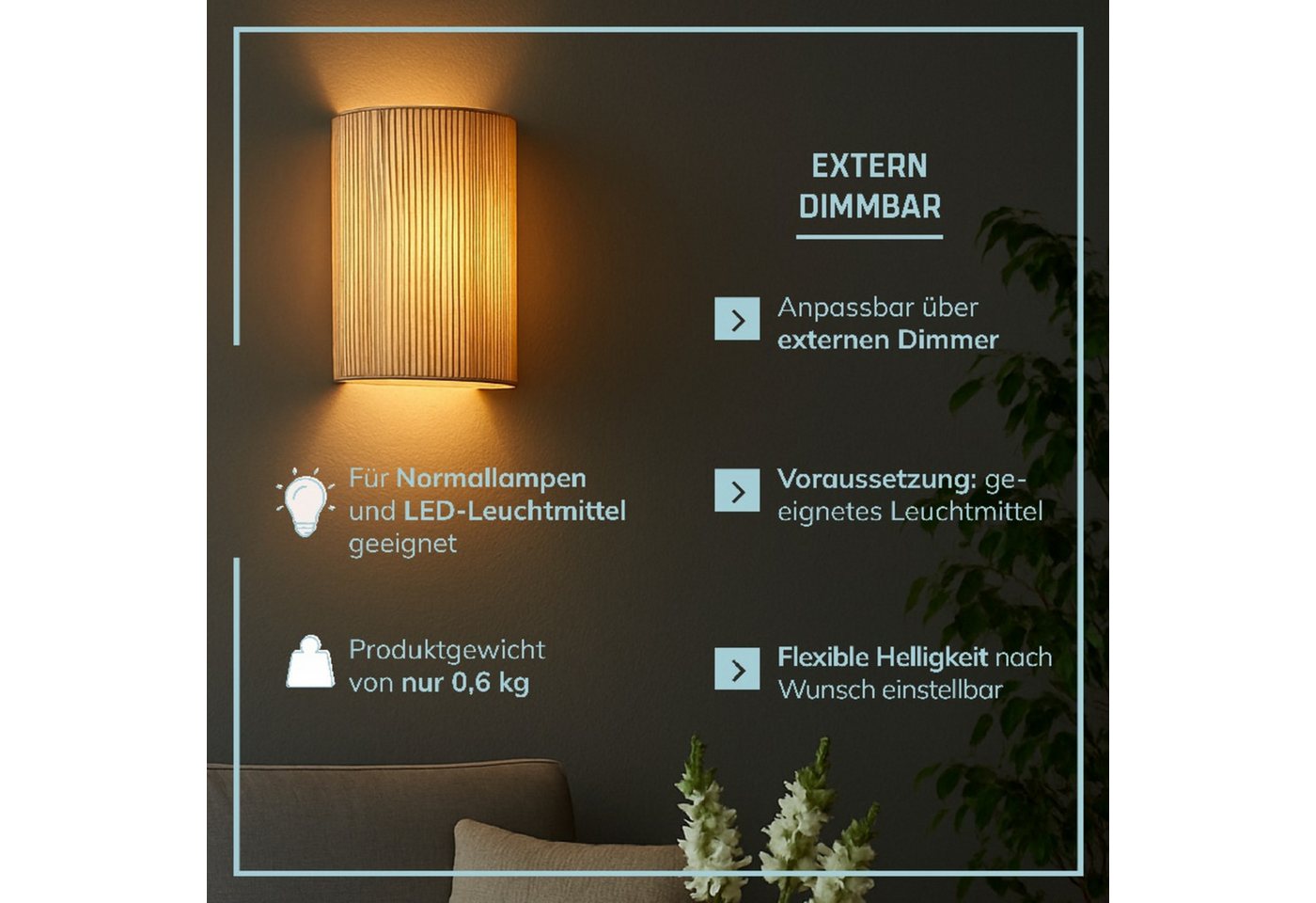 Lightbox Wandleuchte, ohne Leuchtmittel, Wandspot mit Seegras Schirm, 26 x 23 cm, dimmbar, E27 max. 52W – Bild 4 von 5