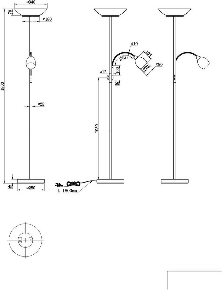 lightling Deckenfluter Klaus, Lichtquellen getrennt schaltbar, ohne Leuchtmittel, mit flexibler Leselampe, 180 cm hoch, messing, Leuchtmittel tauschbar – Bild 3 von 5