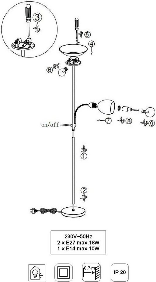 lightling Deckenfluter Klaus, Lichtquellen getrennt schaltbar, ohne Leuchtmittel, mit flexibler Leselampe, 180 cm hoch, messing, Leuchtmittel tauschbar – Bild 4 von 5