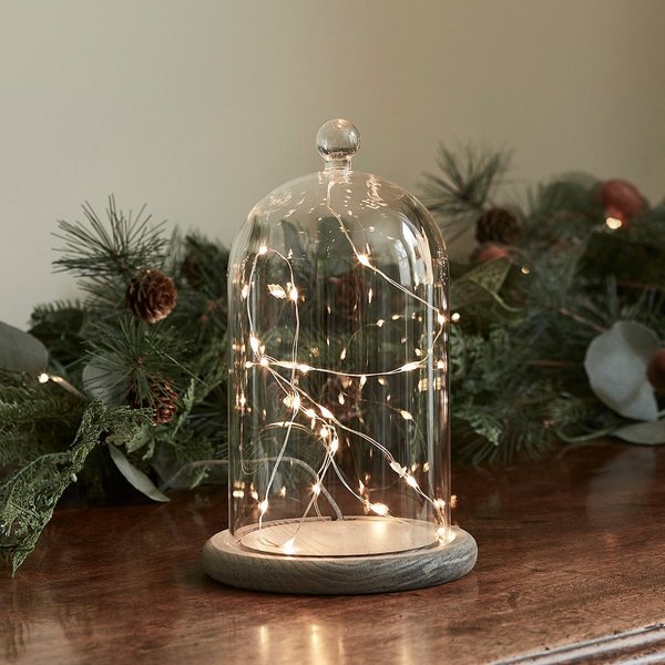 Lights4fun Dekoobjekt 20,5cm Glasglocke mit grauem Holzteller