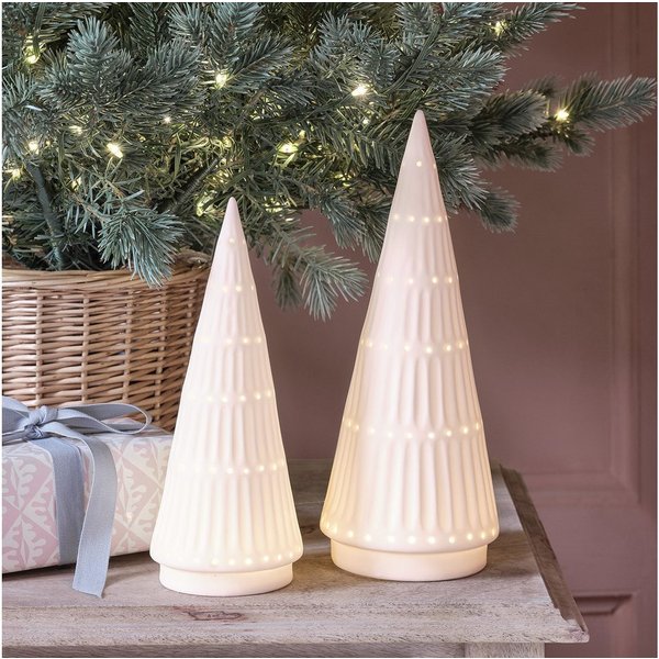 Lights4fun LED-Dekofigur 2er Set LED Keramik Weihnachtsbäume weiß