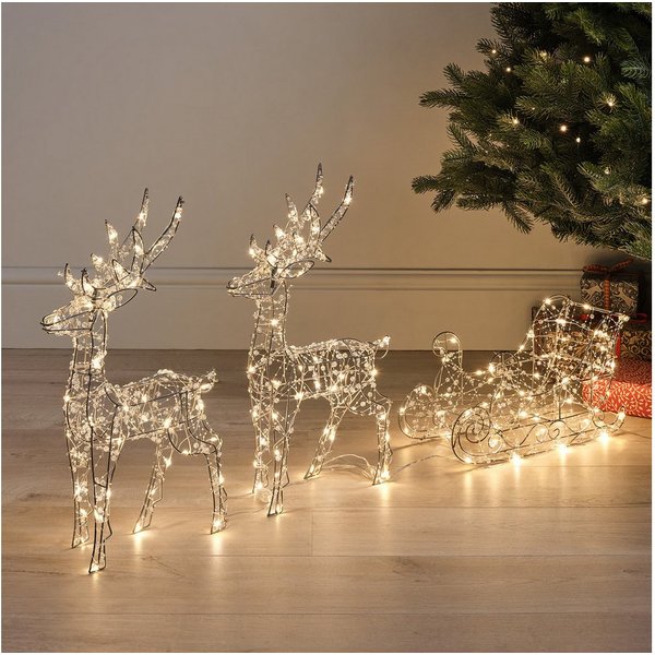 Lights4fun LED Dekofigur LED-Rentiere mit Schlitten außen