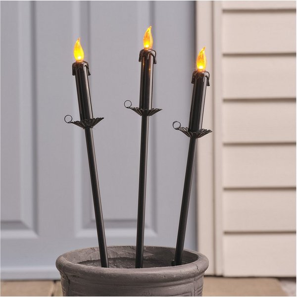 Lights4fun LED Gartenleuchte 3er Set Halloween LED-Gartenstecker in Kerzenoptik mit Timer