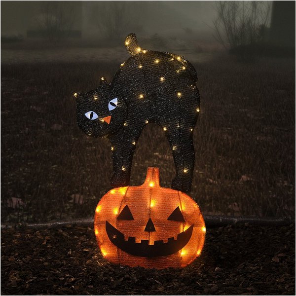 Lights4fun LED Gartenleuchte LED Stableuchte Katze und Kürbis