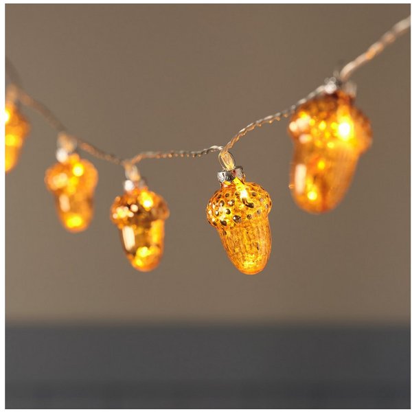 Lights4fun LED-Lichterkette 10er LED-Lichterkette mit Glas-Eicheln & Timer in Bernstein & Warmweiß