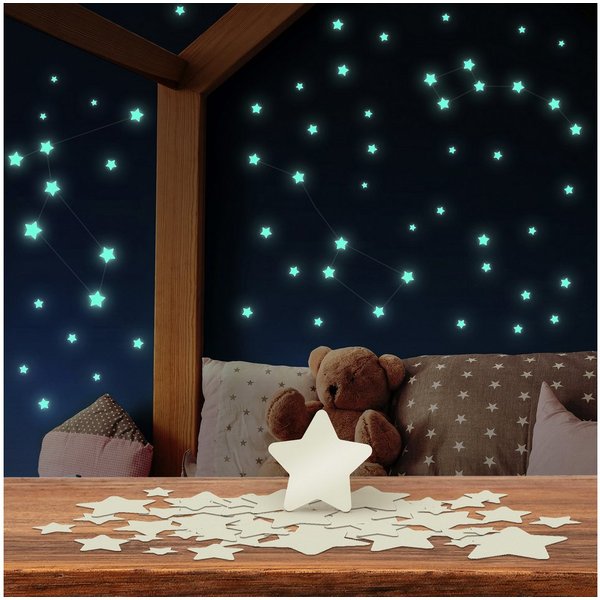 lilimaus Wandsticker Leuchtsterne selbstklebend - Sternenhimmel fürs Kinderzimmer (400 St), laden tagsüber Licht & leuchten nachts sanft - ohne Strom