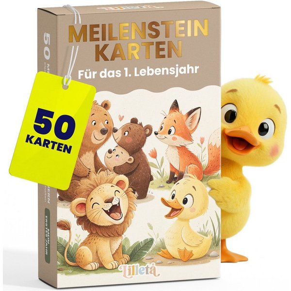 Lilletå Geburtskarte Meilensteinkarten Baby, 50 Karten mit Tiermotiven für das erste Jahr, 12 × 8 cm, Schachtel mit Goldveredelung, Geschenk zur Geburt