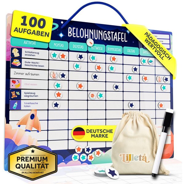 Lilletå Lernspielzeug Belohnungstafel Kinder magnetisch, 100 Aufgaben & 350 Magnete, ab 4 (Komplettset, Tafel, Aufgabenmagnete, Sterne, Stift & Tragebeutel), Be