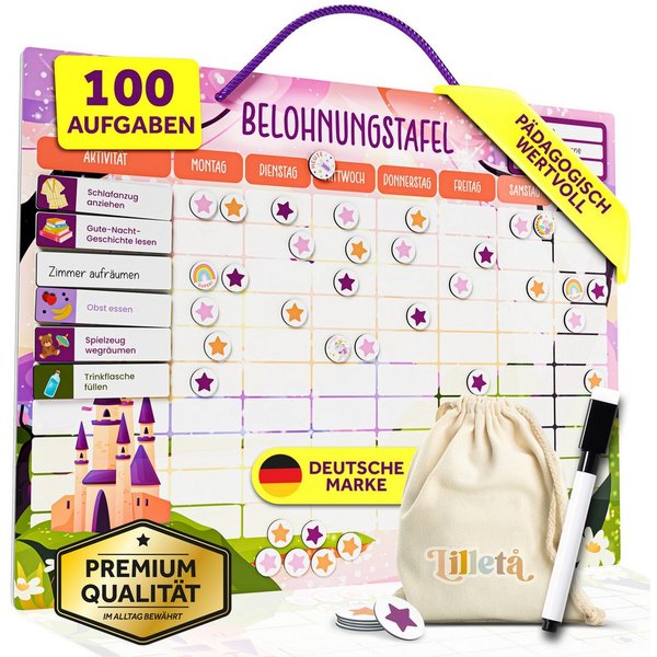 Lilletå Lernspielzeug Belohnungstafel Kinder magnetisch, 100 Aufgaben & 350 Magnete, ab 4 (Komplettset, Tafel, Aufgabenmagnete, Sterne, Stift & Tragebeutel), Be