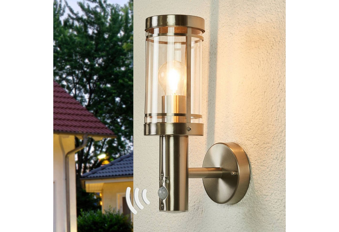 Lindby Außen-Wandleuchte Djori, Edelstahl Alu IP44mit Bewegungsmelder, 1 x 15 W LED – Bild 2 von 5