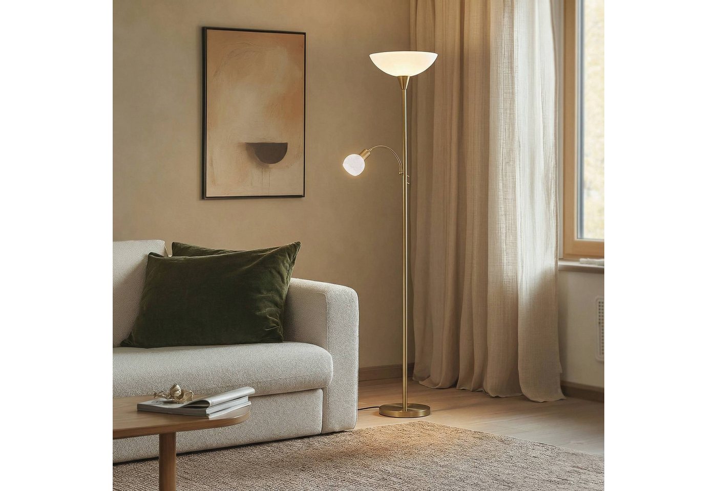 Lindby Stehlampe Elaina, Metall, Gold / Messing IP20, 1 x 15 W LED E27 + 1 x 8 W LED E14 – Bild 2 von 5
