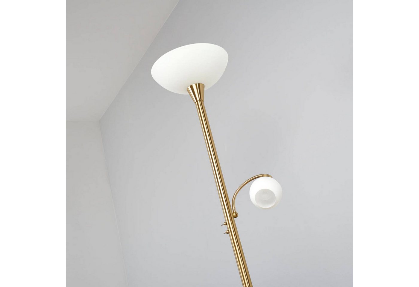 Lindby Stehlampe Elaina, Metall, Gold / Messing IP20, 1 x 15 W LED E27 + 1 x 8 W LED E14 – Bild 4 von 5