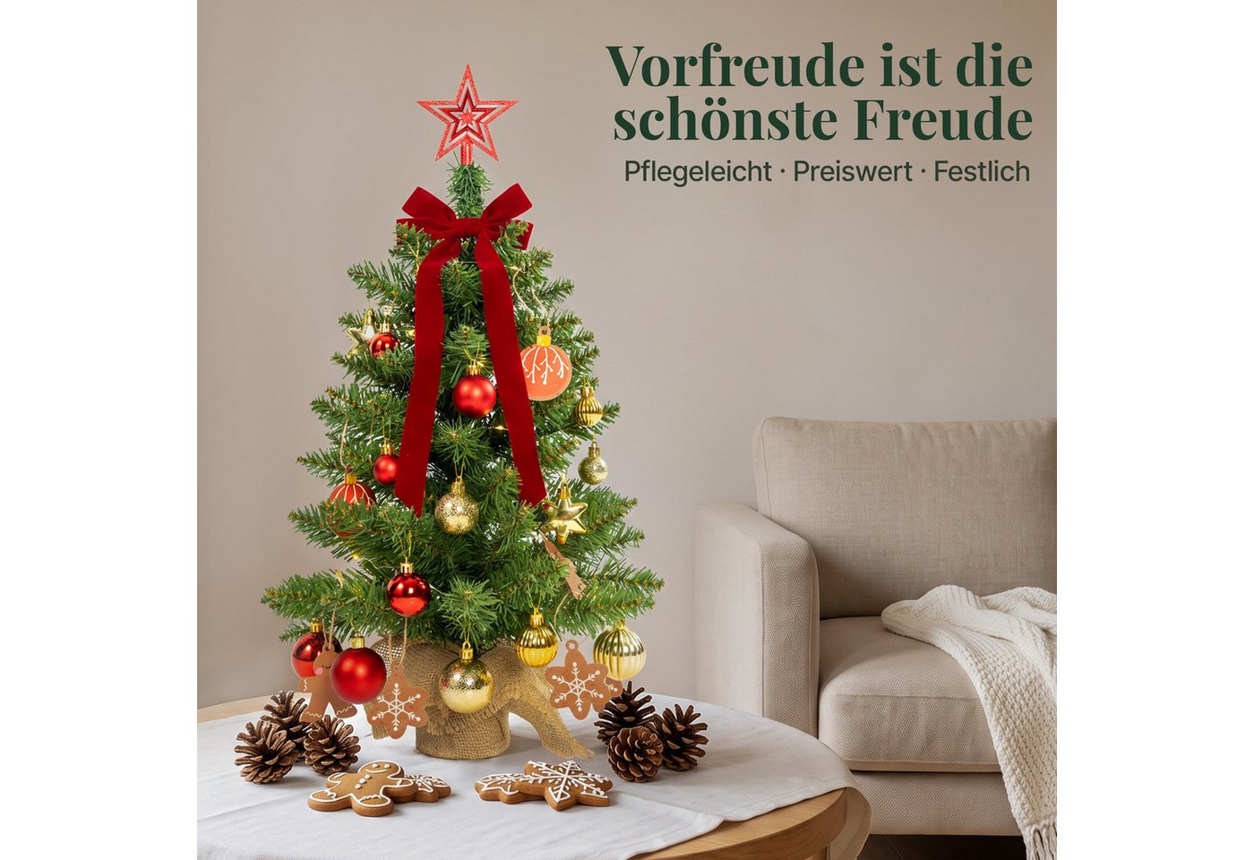 Lindenstein Echter Weihnachtsbaum Künstlicher Mini-Weihnachtsbaum aus PVC mit Holzständer, 60 cm, Nordmanntanne, Wiederverwendbar, vielseitig, pflegeleicht, umw – Bild 2 von 5