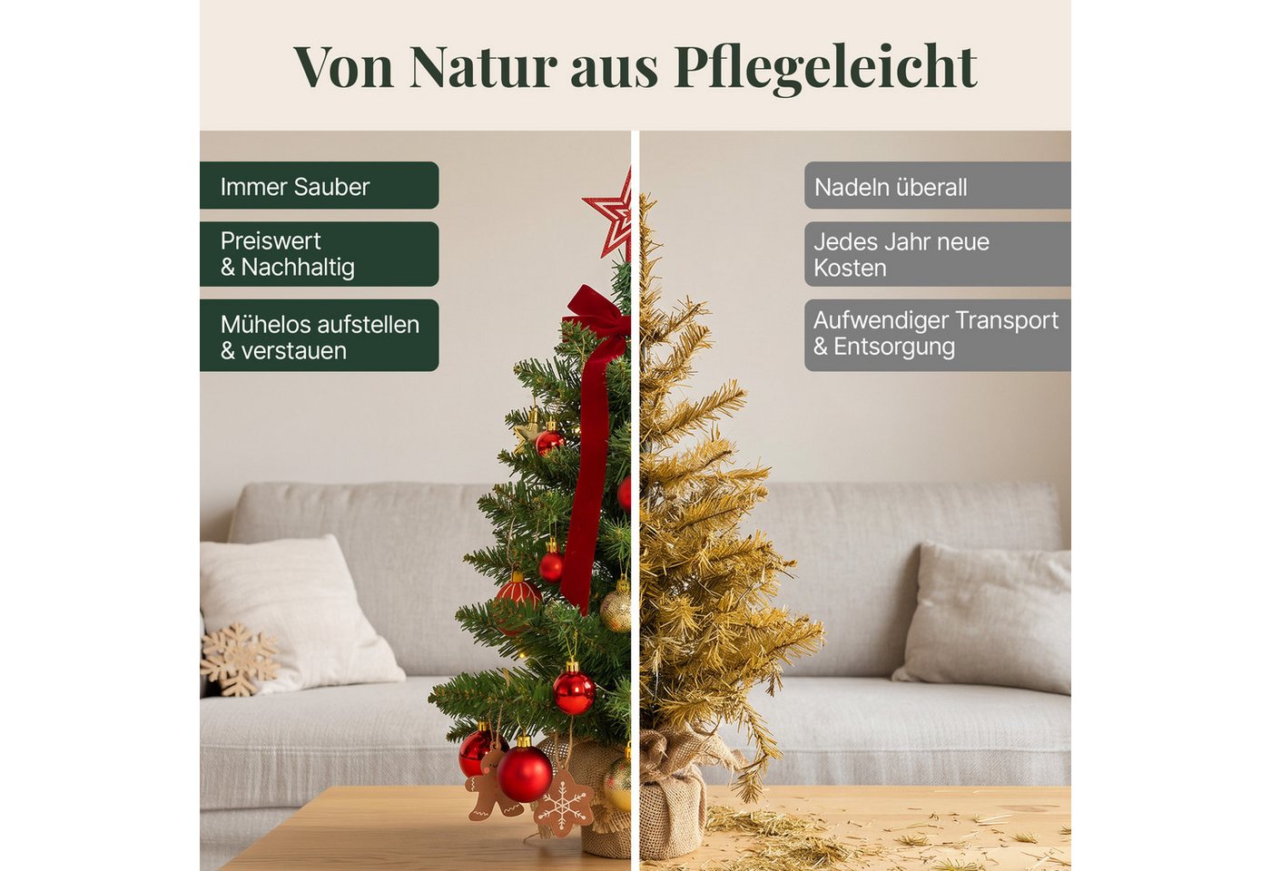 Lindenstein Echter Weihnachtsbaum Künstlicher Mini-Weihnachtsbaum aus PVC mit Holzständer, 60 cm, Nordmanntanne, Wiederverwendbar, vielseitig, pflegeleicht, umw – Bild 3 von 5