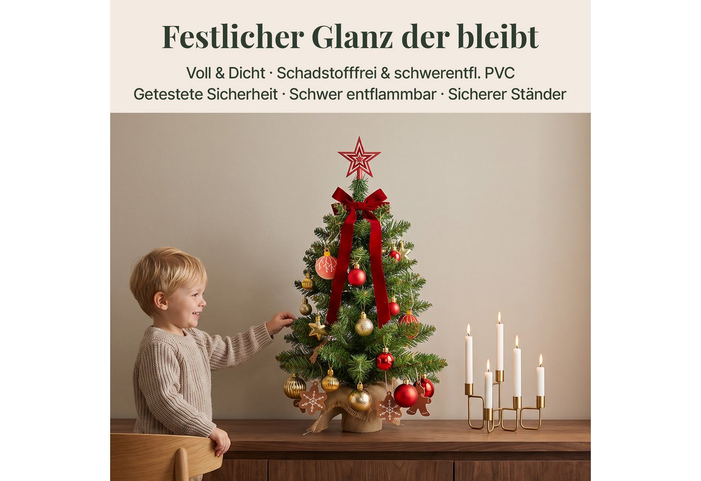 Lindenstein Echter Weihnachtsbaum Künstlicher Mini-Weihnachtsbaum aus PVC mit Holzständer, 60 cm, Nordmanntanne, Wiederverwendbar, vielseitig, pflegeleicht, umw – Bild 4 von 5
