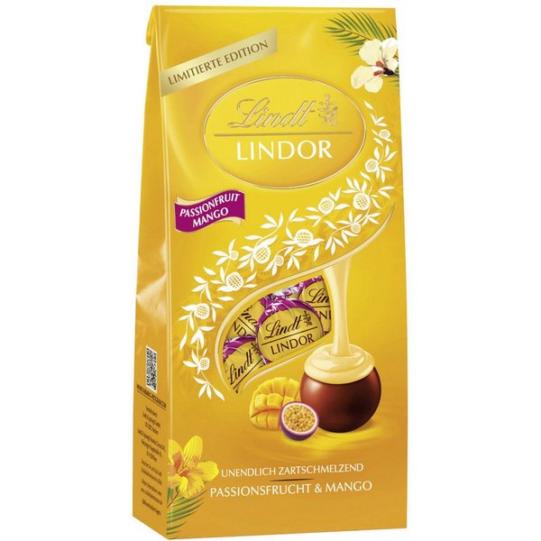LINDT Schokolade, Lindt Lindor Mango Passionsfrucht Vollmilch-Schokolade Beutel 137g