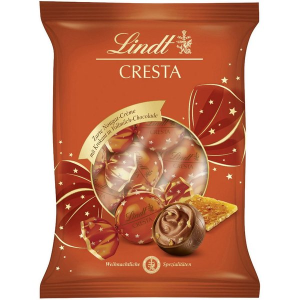LINDT Schokolade, Lindt Cresta Doppeldreh Kugeln mit Nougat und Krokant Packung 101g
