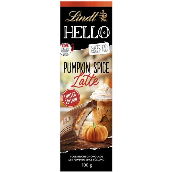 LINDT Schokolade, Lindt Hello Tafel Pumkin Spice Latte gefüllte Vollmilchschokolade 100g