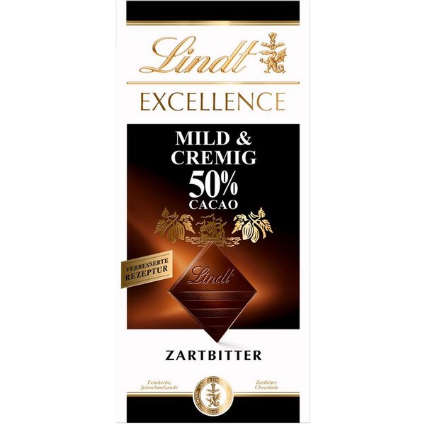 LINDT Schokolade, Lindt Excellence Mild und Cremig 50 Prozent Cacao Feinherb 100g