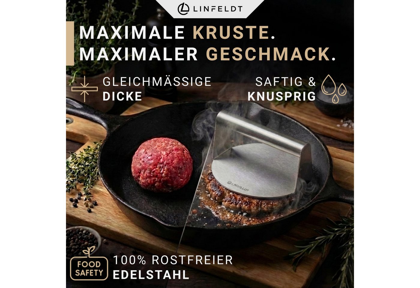 LINFELDT Burgerpresse Smashed Burger - Burger Smasher Edelstahl ⌀14 cm Antihaftfläche, Edelstahl – Bild 2 von 5