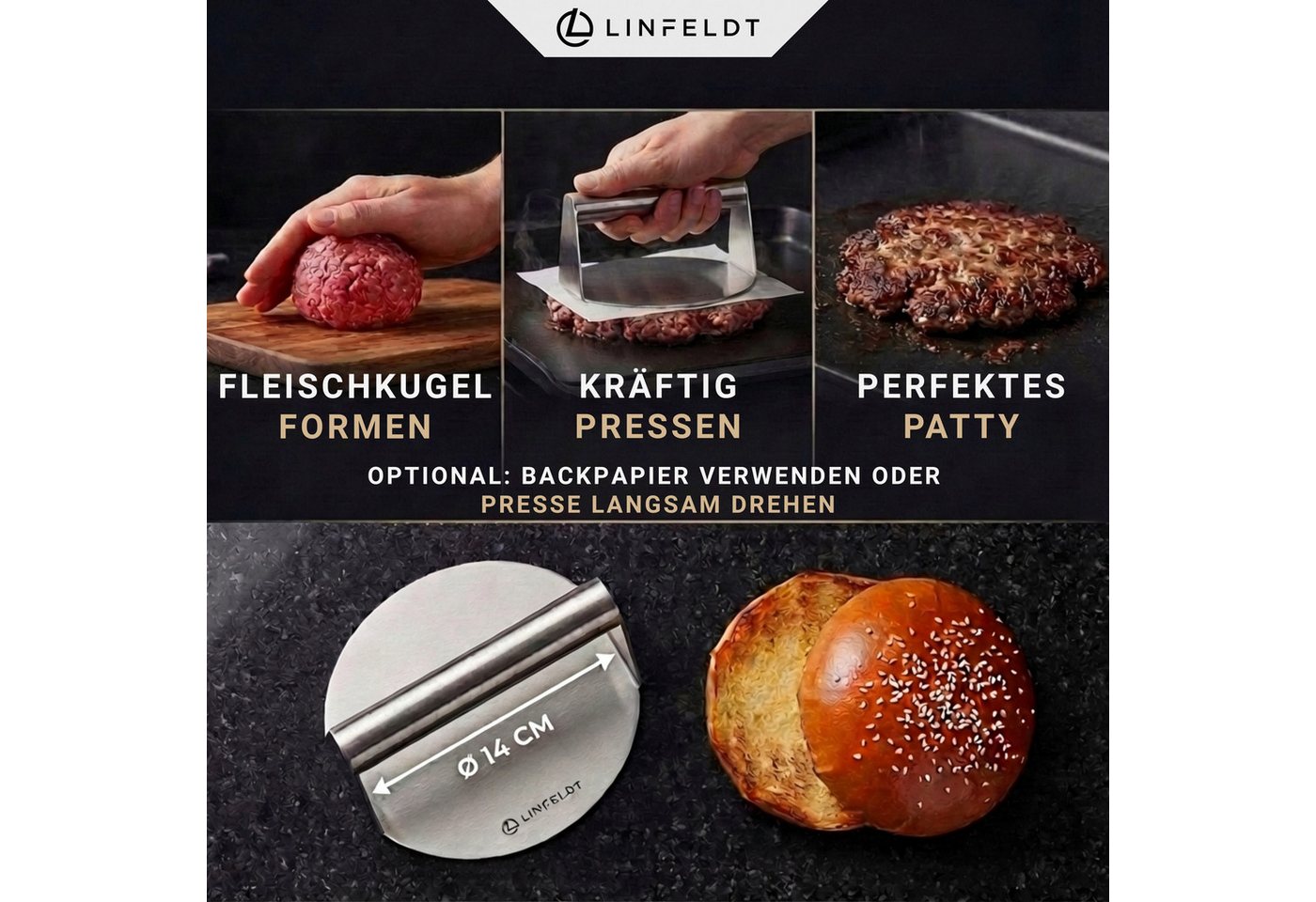 LINFELDT Burgerpresse Smashed Burger - Burger Smasher Edelstahl ⌀14 cm Antihaftfläche, Edelstahl – Bild 3 von 5