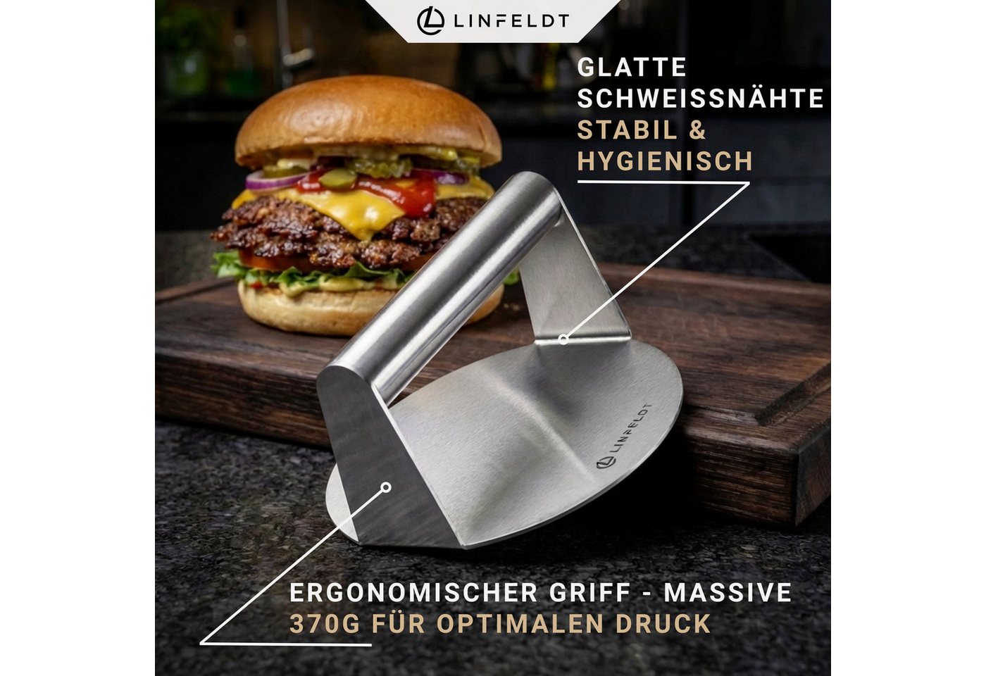 LINFELDT Burgerpresse Smashed Burger - Burger Smasher Edelstahl ⌀14 cm Antihaftfläche, Edelstahl – Bild 4 von 5