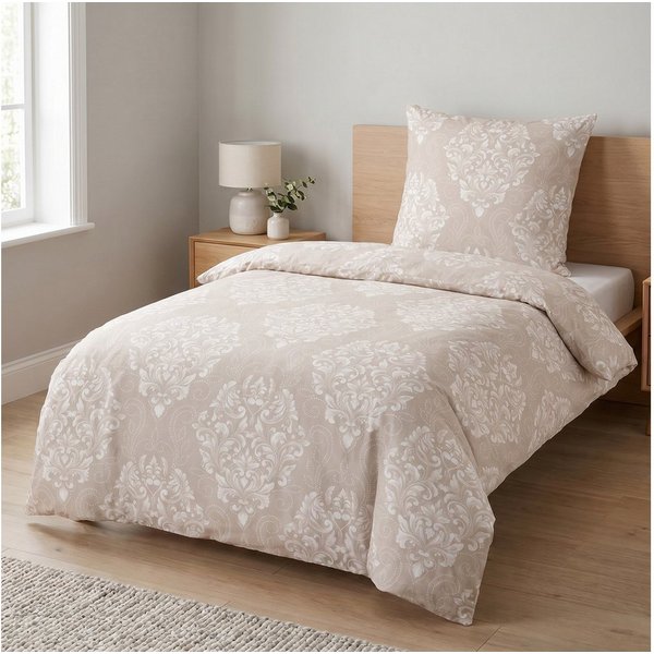 LINKHOFF Bettwäsche Biber Bettwäsche 135x200 oder 155x220 + 80x80 cm 2tlg. – Beige Weiß, Paisley Ornamente – 100% Baumwolle warme Feinbiber Winterbettwäsche