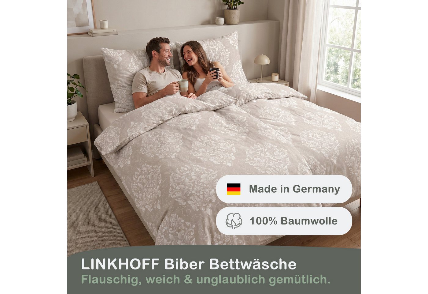 LINKHOFF Bettwäsche Biber Bettwäsche 135x200 oder 155x220 + 80x80 cm 2tlg. – Beige Weiß, Paisley Ornamente – 100% Baumwolle warme Feinbiber Winterbettwäsche – Bild 3 von 5