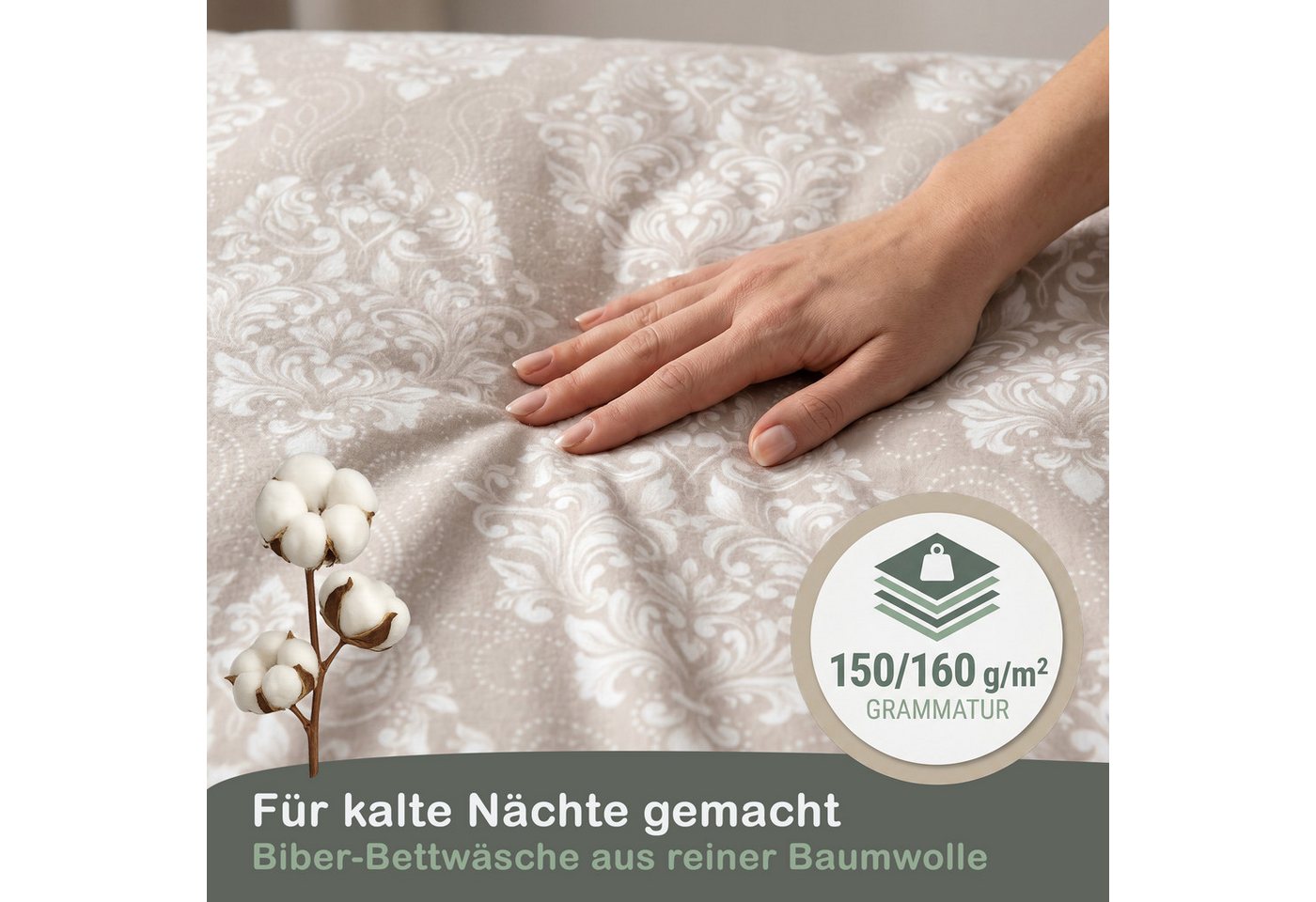 LINKHOFF Bettwäsche Biber Bettwäsche 135x200 oder 155x220 + 80x80 cm 2tlg. – Beige Weiß, Paisley Ornamente – 100% Baumwolle warme Feinbiber Winterbettwäsche – Bild 5 von 5