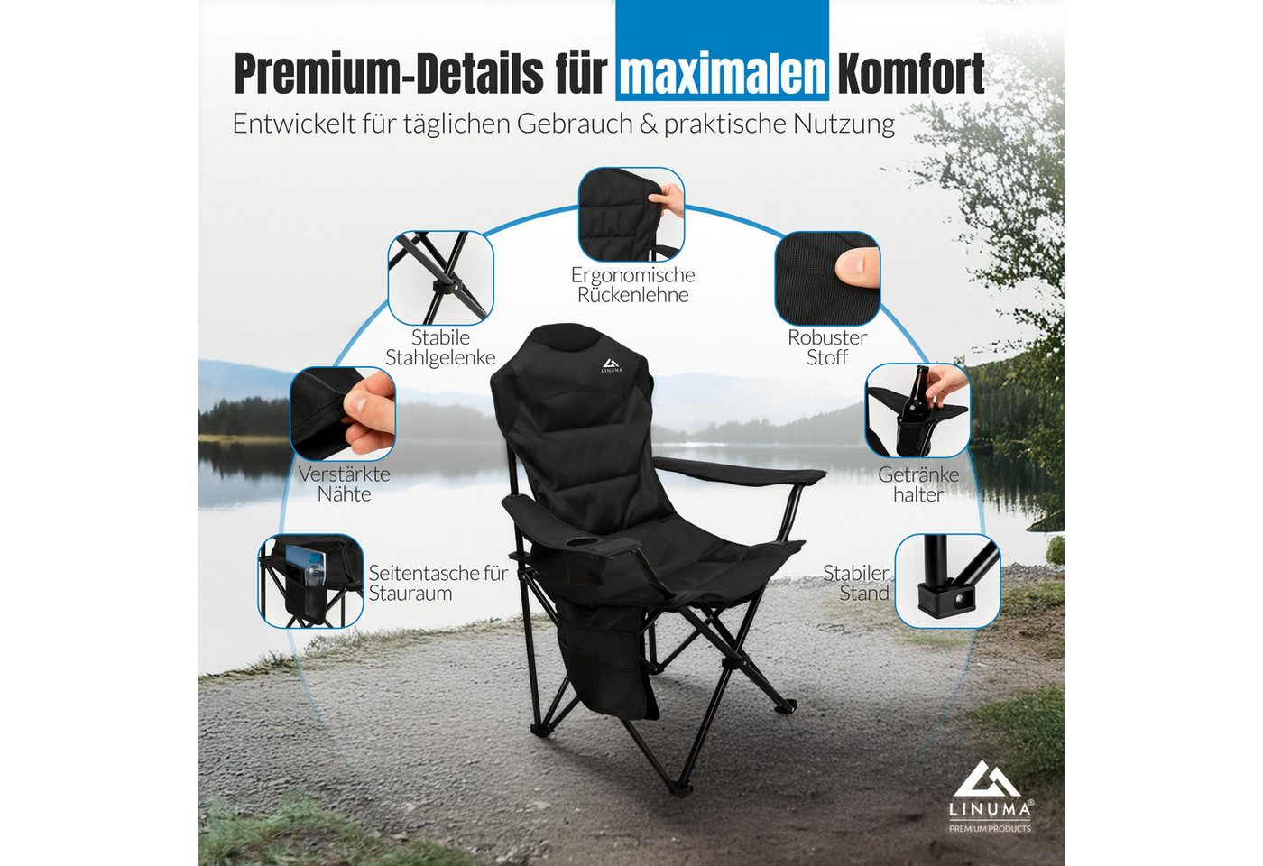 LINUMA Campingstuhl faltbar mit extra großem Getränkehalter, stabiler Klappstuhl schwarz (1 St), Faltbarer Campingstuhl mit XL-Getränkehalter für Festival & Out – Bild 2 von 5