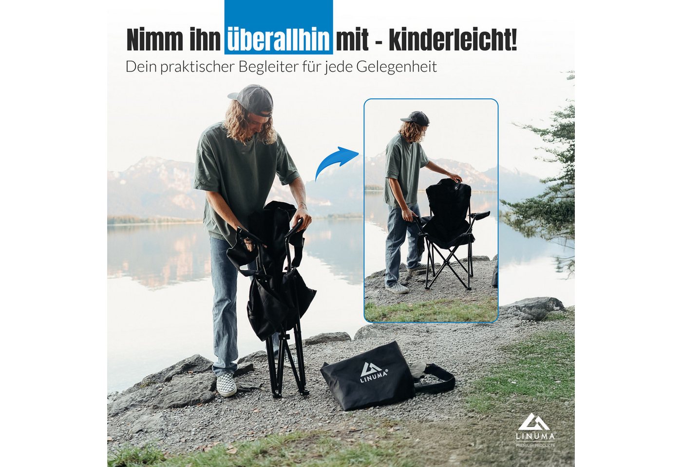 LINUMA Campingstuhl faltbar mit extra großem Getränkehalter, stabiler Klappstuhl schwarz (1 St), Faltbarer Campingstuhl mit XL-Getränkehalter für Festival & Out – Bild 3 von 5