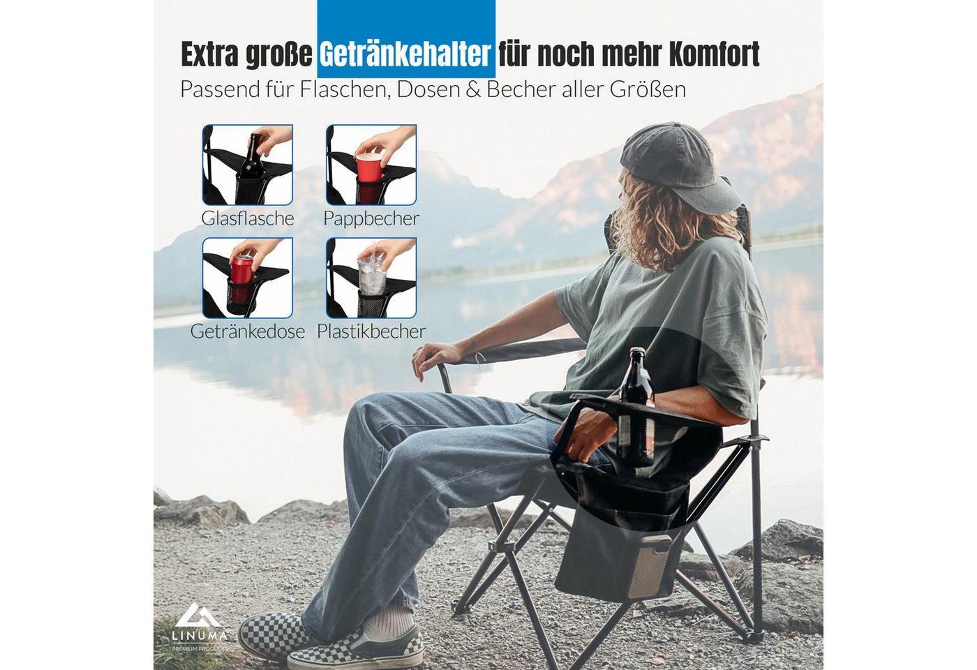 LINUMA Campingstuhl faltbar mit extra großem Getränkehalter, stabiler Klappstuhl schwarz (1 St), Faltbarer Campingstuhl mit XL-Getränkehalter für Festival & Out – Bild 4 von 5